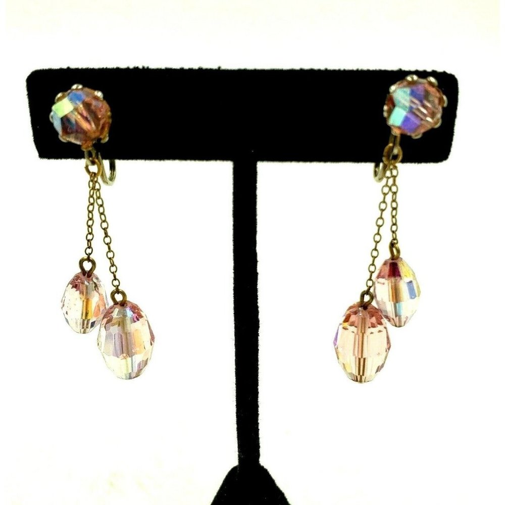 LAGUNA Pink Crystal Dangle Clip On Earrings Signed Vintage